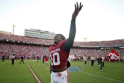 Oklahoma linebacker Kip Lewis celebrates after a 27-24 win against Texas at the Cotton Bowl on Saturday, Oct. 10, 2026, in Dallas.
