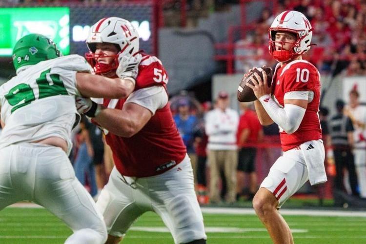 Sep 19, 2026; Lincoln, Nebraska, USA;  Nebraska Cornhuskers quarterback Anthony Colandrea (10) looks to pass against the North Dakota Fighting Hawks during the second quarter at Memorial Stadium.  Mandatory Credit: Dylan Widger-Imagn Images