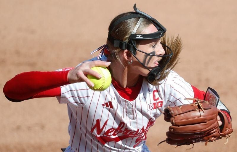 Nebraska Cornhuskers starting pitcher/relief pitcher Jordyn Bahl (98) throws the ball to first Friday, May 9, 2025, during the Big Ten softball tournament game against the UCLA Bruins at Purdue Universityâ€™s Bittinger Stadium in West Lafayette, Indiana.
