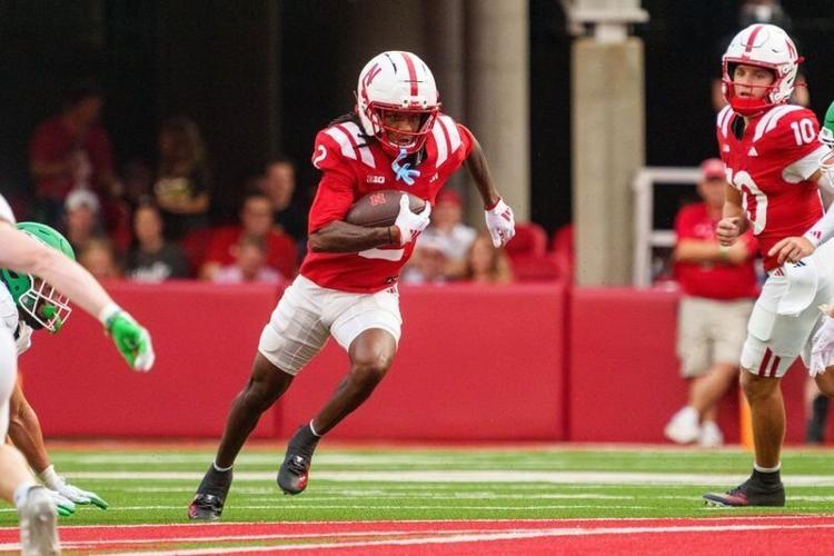 Sep 19, 2026; Lincoln, Nebraska, USA;  Nebraska Cornhuskers wide receiver Jacory Barney Jr. (2) runs against the North Dakota Fighting Hawks during the first quarter at Memorial Stadium.  Mandatory Credit: Dylan Widger-Imagn Images