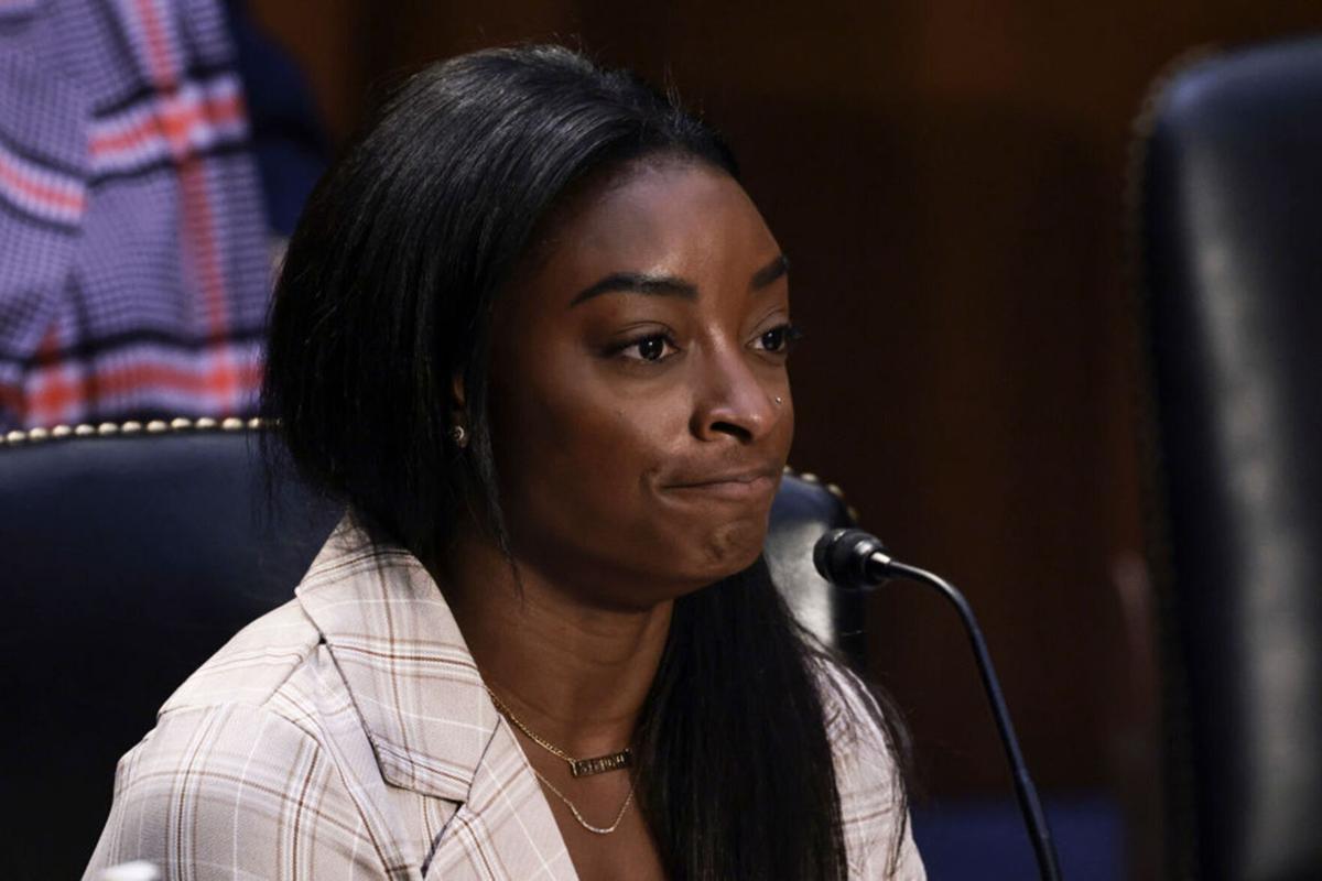 U.S. Olympic Gymnast Simone Biles speaks during a Senate Judiciary hearing about the Inspector General's report on the FBI handling of the Larry Nassar investigation of sexual abuse of Olympic gymnasts, on Capitol Hill on September 15, 2021 in Washingto...