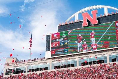 Sep 20, 2025; Lincoln, Nebraska, USA; Balloons are released after the first score by the Nebraska Cornhuskers during the second quarter at Memorial Stadium. Mandatory Credit: Dylan Widger-Imagn Images