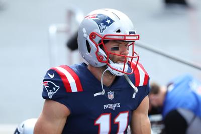 Julian Edelman #11 of the New England Patriots warms up before the game against the Miami Dolphins at Gillette Stadium on Sept. 13, 2020 in Foxborough, Massachusetts.