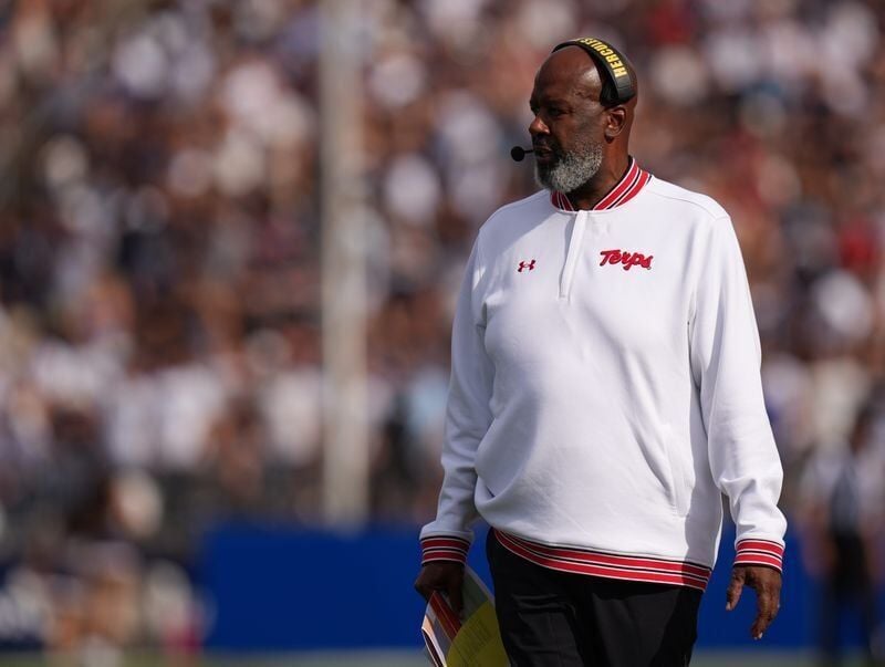Sep 12, 2026; East Hartford, Connecticut, USA; Maryland Terrapins head coach Mike Locksley watches from the sideline as they take on the UConn Huskies at Pratt & Whitney Stadium at Rentschler Field. Mandatory Credit: David Butler II-Imagn Images