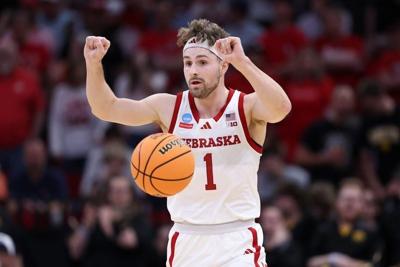 Mar 26, 2026; Houston, TX, USA; Nebraska Cornhuskers guard Sam Hoiberg (1) reacts while dribbling th ball against the Iowa Hawkeyes in the second half during a Sweet Sixteen game of the South Regional of the men's 2026 NCAA Tournament at Toyota Center. ...