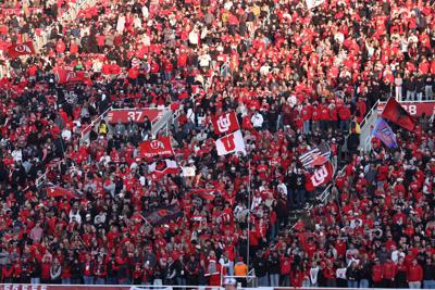 Utah Utes fans celebrate a touchdown against the Kansas State Wildcats during the second half at Rice-Eccles Stadium.