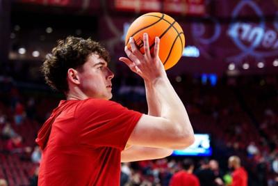 Jan 2, 2026; Lincoln, Nebraska, USA; Nebraska Cornhuskers forward Ugnius Jarusevicius (13) warms up before the game against the Michigan State Spartans at Pinnacle Bank Arena. Mandatory Credit: Dylan Widger-Imagn Images