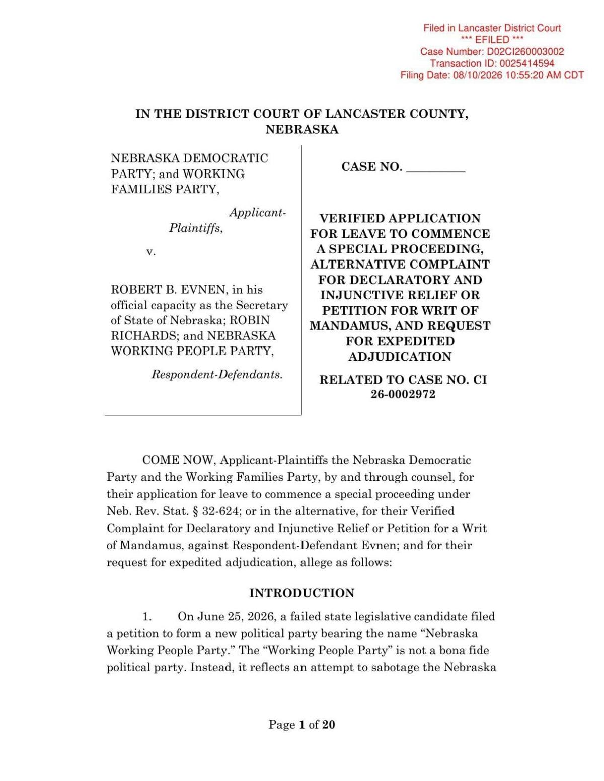PDF of Democratic lawsuit against Working People Party