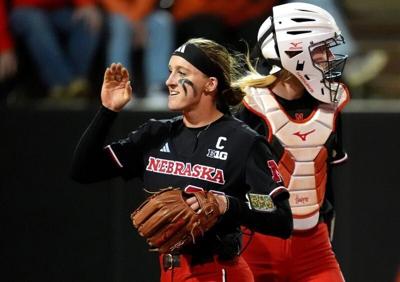 Nebraska's Jordyn Frahm (98) celebrates during the college softball game between the Oklahoma State University Cowgirls and the Nebraska Cornhuskers in Stillwater, Okla., Thursday Feb. 26, 2026.