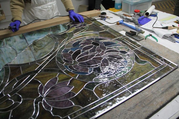 Window Being Re-leaded at Bovard Studio.JPG