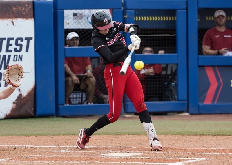 May 30, 2026; Oklahoma City, OK, USA; Nebraska Cornhuskers infielder Lauren Camenzind (2) hits a ground ball to third and is thrown out in the second inning against the Alabama Crimson Tide during the NCAA WomenÕs College World Series at Devon Park. Man...