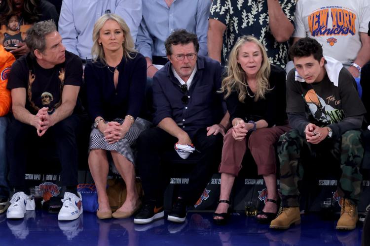Celebrities sitting court side (left to right) Ben Stiller and Christine Taylor and Michael J. Fox and Tracy Pollan and Timothee Chalamet during Game 1 of the 2026 Eastern Conference finals between the New York Knicks and Cleveland Cavaliers.