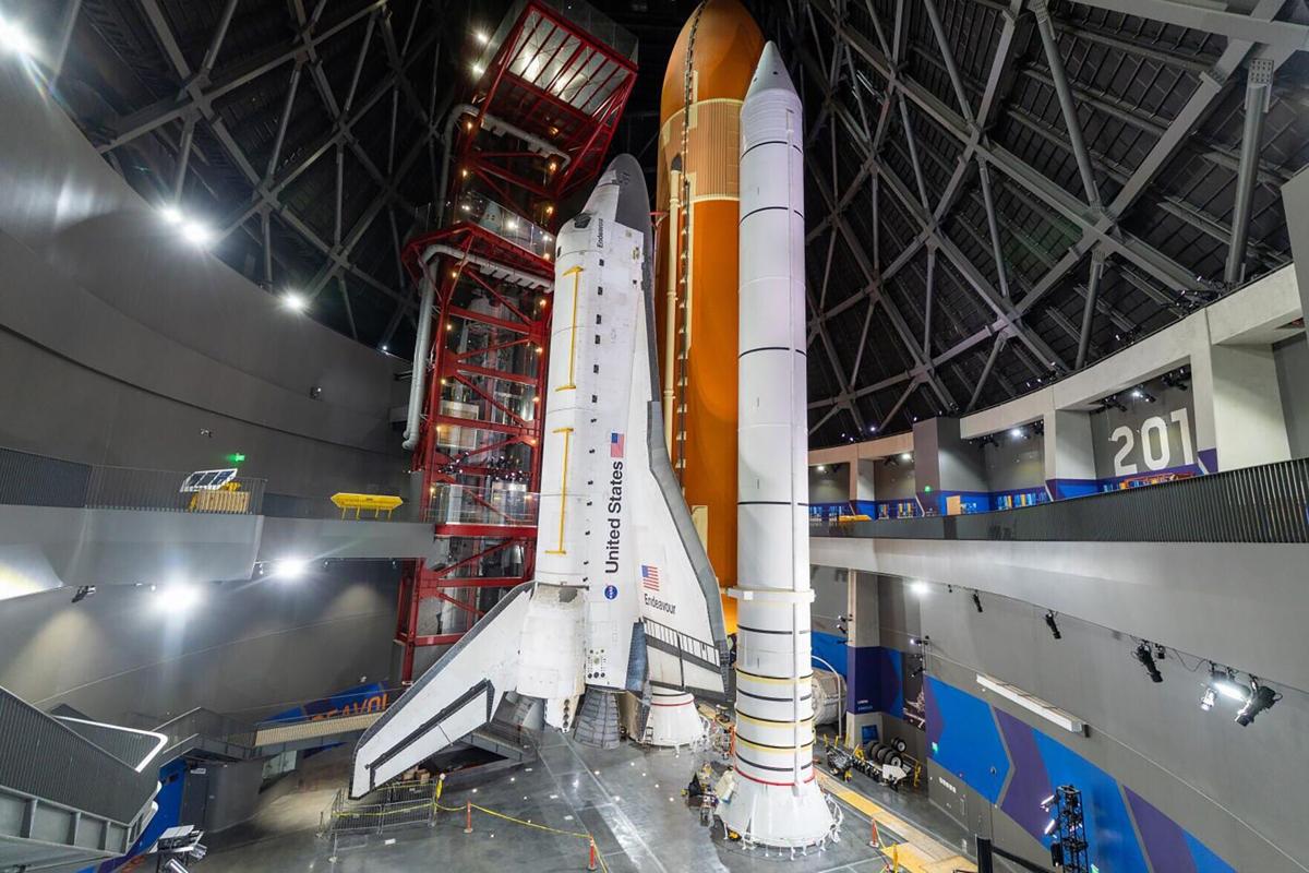 A view of the space shuttle Endeavour during a tour and preview of the new Samuel Oschin Air and Space Center at the California Science Center on Friday, June 5, 2026, ahead of the announcement of the museum's opening date. Endeavour is assembled in a v...