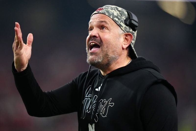 Dec 31, 2025; Las Vegas, NV, USA; Nebraska Cornhuskers head coach Matt Rhule gestures against the Utah Utes in the second half during the SRS Distribution Las Vegas Bowl at Allegiant Stadium. Mandatory Credit: Kirby Lee-Imagn Images