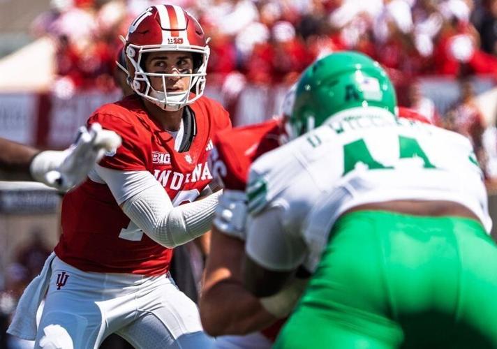 Indiana's Josh Hoover (10) during the Indiana versus North Texas football game at Memorial Stadium on Saturday, Sept. 5, 2026.
