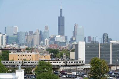 The Chicago skyline can be seen by the United Center. The city will soon host the Democratic National Convention.