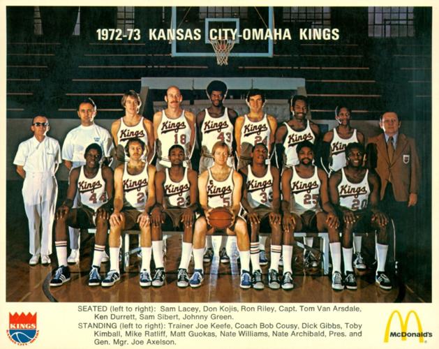 1972-73 Kansas City-Omaha Kings basketball team.Seated (l-r): Sam Lacey, Don Kojis, Ron Riley, Capt. Tom Van Arsdale, Ken Kurrett, Sam Sibert, Johnny Gree.Standing (l-r): Trainer Joe Keefe, coach bob Cousy, Dick Gibbs, Toby Kimball, Mike Ratliff, Matt G