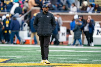 Michigan football head coach Sherrone Moore looks on during the first quarter of the Michigan football spring game at Michigan Stadium on April 20, 2024, in Ann Arbor, Michigan.