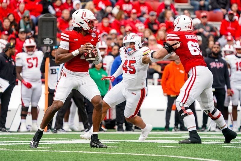 Nov 11, 2023; Lincoln, Nebraska, USA; Nebraska Cornhuskers quarterback Jeff Sims (7) during the second quarter against the Maryland Terrapins at Memorial Stadium. Mandatory Credit: Dylan Widger-USA TODAY Sports