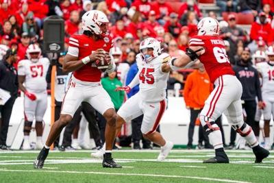 Nov 11, 2023; Lincoln, Nebraska, USA; Nebraska Cornhuskers quarterback Jeff Sims (7) during the second quarter against the Maryland Terrapins at Memorial Stadium. Mandatory Credit: Dylan Widger-USA TODAY Sports
