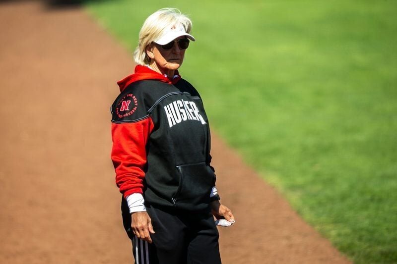 Nebraska head coach Rhonda Revelle watches during a NCAA Big Ten Conference softball game against Iowa, Tuesday, March 28, 2023, at Bob Pearl Field in Iowa City, Iowa.

230328 Nebraska Iowa Sb 033 Jpg