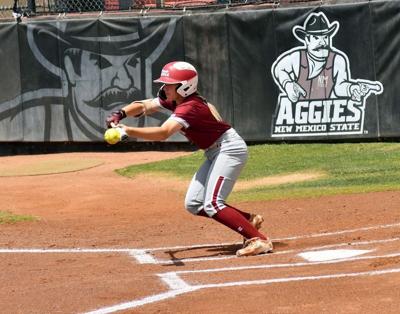 Faith Aragon lays down a perfect bunt for a hit to start the gaime against UTEP on Sunday afternoon.