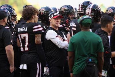 Head coach Joey McGuire of the Texas Tech Red Raiders looks on in the second quarter during the 2025 College Football Playoff Quarterfinal at the Capital One Orange Bowl against the Oregon Ducks at Hard Rock Stadium on Thursday, Jan. 1, 2026, in Miami G...