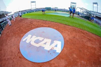 Jun 18, 2023; Omaha, NE, USA; An on-deck circle with the NCAA logo is pictured on the field before the game between the Virginia Cavaliers and the TCU Horned Frogs at Charles Schwab Field Omaha. Mandatory Credit: Dylan Widger-USA TODAY Sports