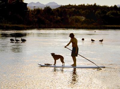 The silhouette of a man and his dog on a surf board, paddling along the Deschutes River at sunset, in Bend Oregon, a major tourist destination in Central Oregon, in the Cascade Mountains area, known for outdoor recreational activities.