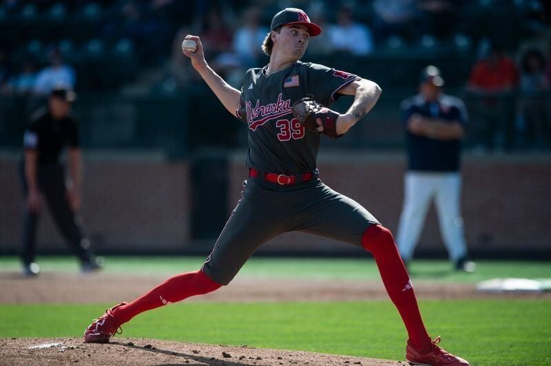 Nebraska Cornhuskers' Carson Jasa (39) pitches as Auburn Tigers take on Nebraska Cornhuskers at Plainsman Park in Auburn, Ala. on Saturday, Feb. 28, 2026. Auburn Tigers defeated Nebraska Cornhuskers 15-4.