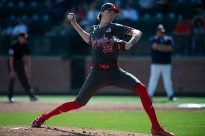 Nebraska Cornhuskers' Carson Jasa (39) pitches as Auburn Tigers take on Nebraska Cornhuskers at Plainsman Park in Auburn, Ala. on Saturday, Feb. 28, 2026. Auburn Tigers defeated Nebraska Cornhuskers 15-4.