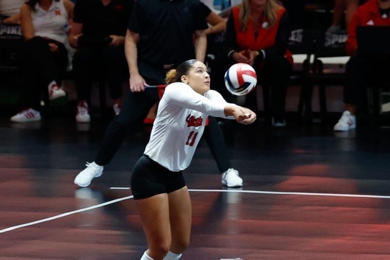 Aug 27, 2026; Arlington, TX, USA;  Nebraska Cornhuskers outside hitter Teraya Sigler (11) passes the ball during their volleyball match against the Florida Gators at AT&T Stadium.  Mandatory Credit: Chris Jones-Imagn Images