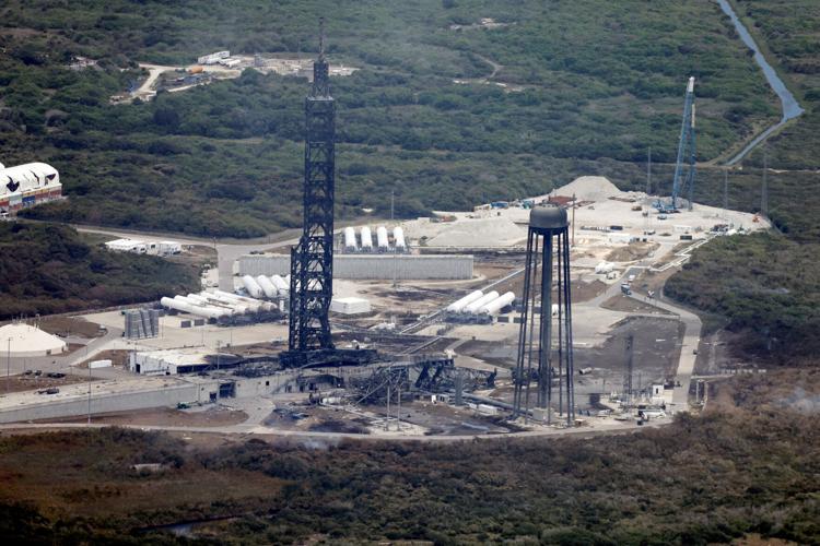 Damage at the site of a launchpad after an uncrewed Blue Origin New Glenn rocket exploded during a test at the Cape Canaveral Space Force Station