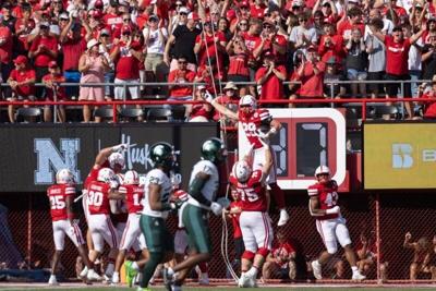 Oct 4, 2025; Lincoln, Nebraska, USA; Nebraska Cornhuskers tight end Carter Nelson (29) celebrates after scoring on a blocked punt during the first quarter of the game against Michigan State at Memorial Stadium. Mandatory Credit: Kylie Graham-Imagn Images