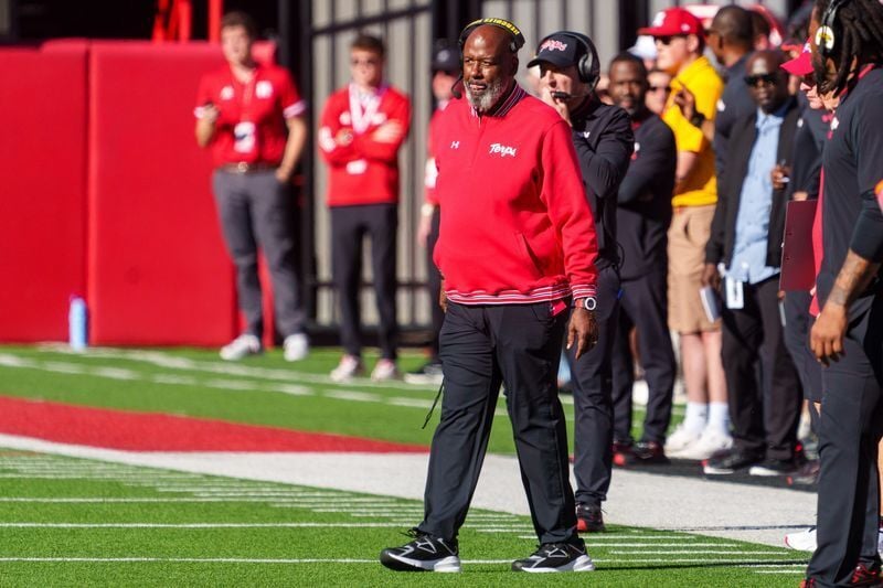 Oct 3, 2026; Lincoln, Nebraska, USA;  Maryland Terrapins head coach Mike Locksley walks onto the field during a timeout in the second quarter against the Nebraska Cornhuskers at Memorial Stadium.  Mandatory Credit: Dylan Widger-Imagn Images