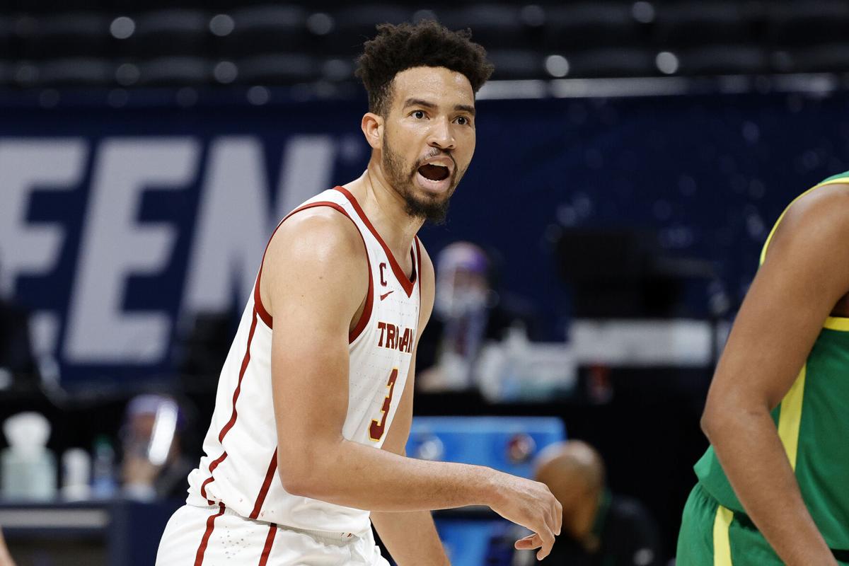 USC's Isaiah Mobley reacts to a call in the second half of their Sweet Sixteen round game against Oregon in the NCAA Tournament at Bankers Life Fieldhouse on March 28, 2021 in Indianapolis.
