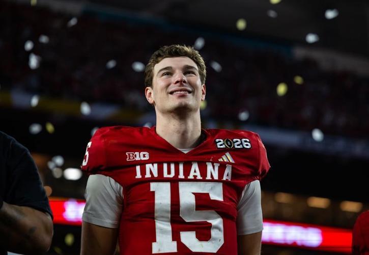 Jan 19, 2026; Miami Gardens, FL, USA; Indiana Hoosiers quarterback Fernando Mendoza (15) celebrates after defeating the Miami Hurricanes in the College Football Playoff National Championship game at Hard Rock Stadium. Mandatory Credit: Mark J. Rebilas-I...