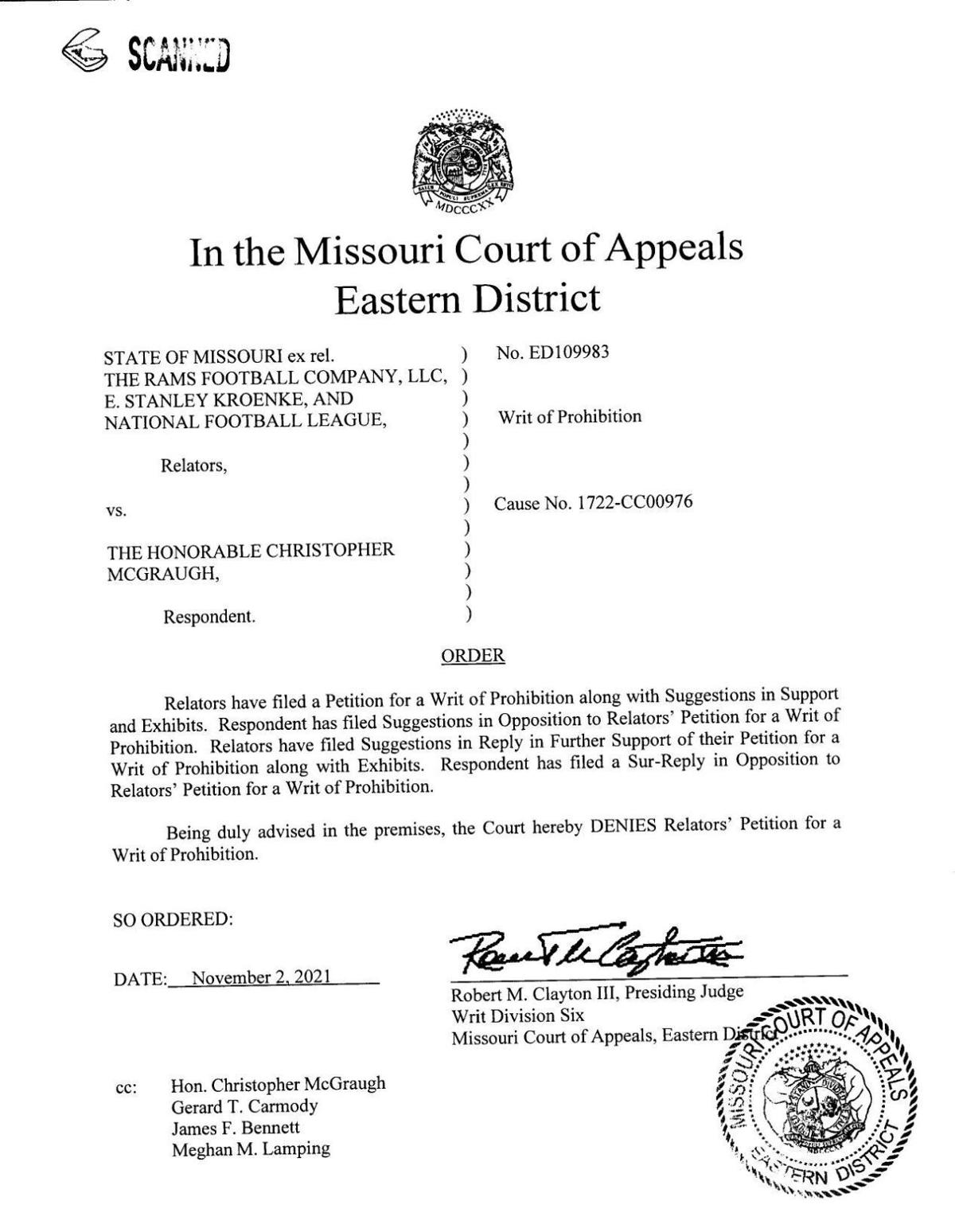 Appeals court order denying change of venue in Rams, NFL v McGraugh
