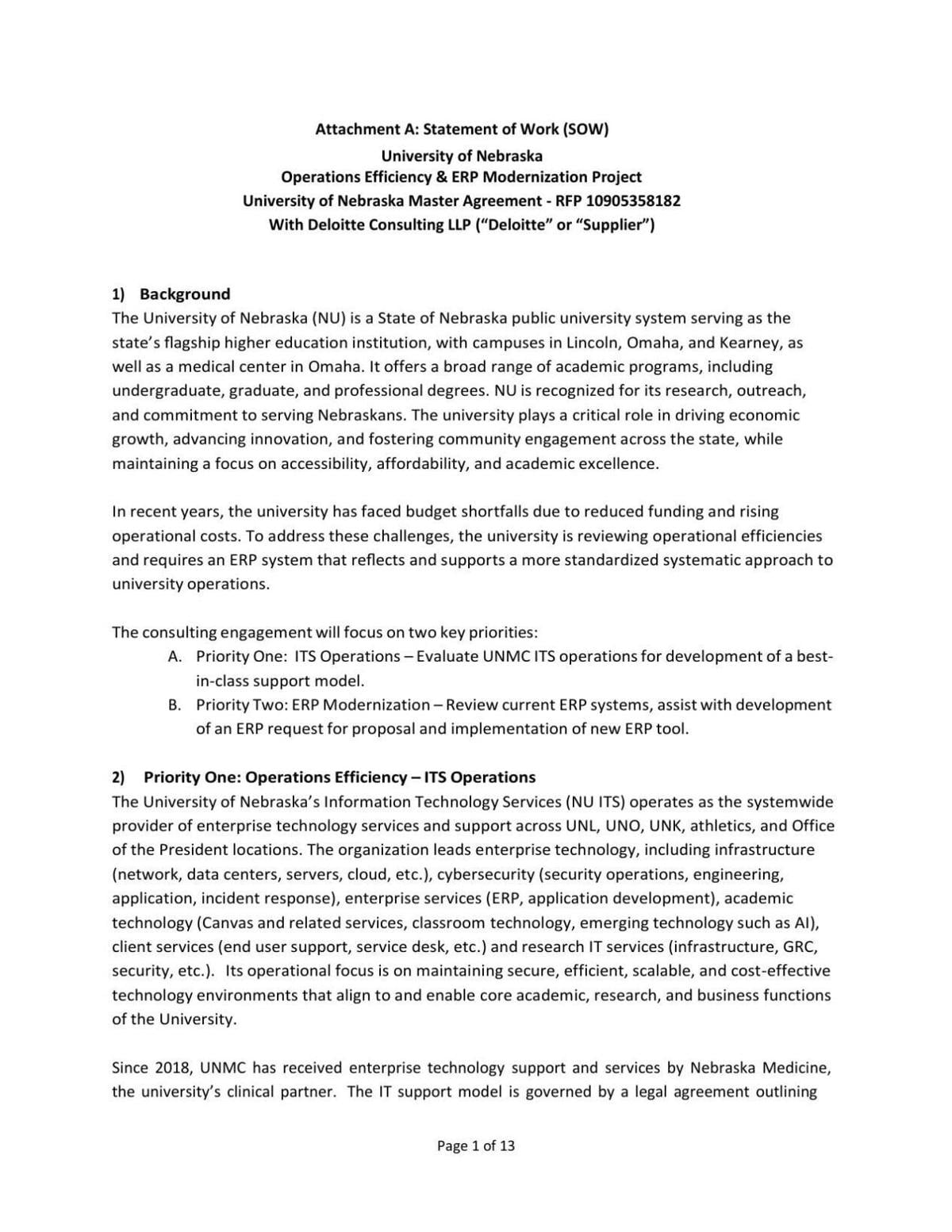 University of Nebraska contract with Deloitte for ERP Modernization Project