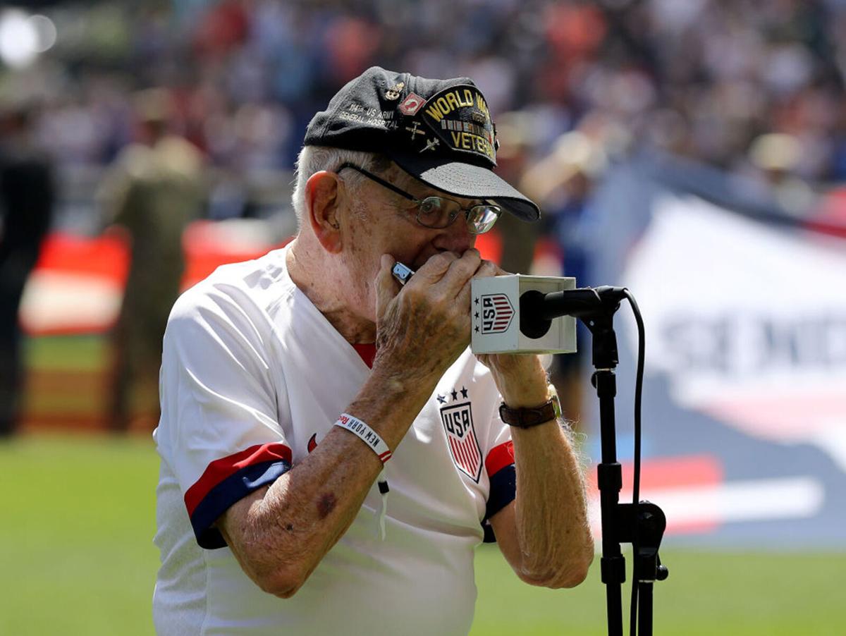 WWII veteran "Harmonica Pete" DuPre performs the national anthem before the match between the the United States and Mexico at Red Bull Arena on May 26, 2019 in Harrison, New Jersey.