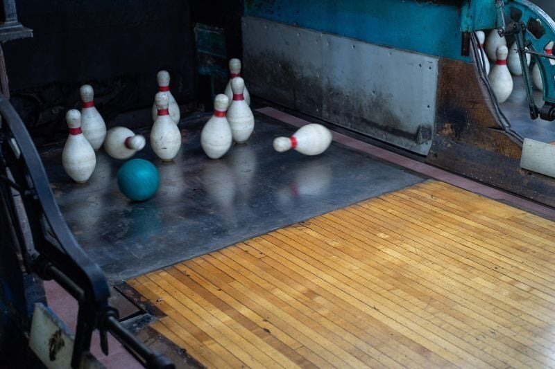 Original balls and duck pins at North Chelmsford Duckpin Bowling Lanes in Vinal Square, Aug. 20, 2025.