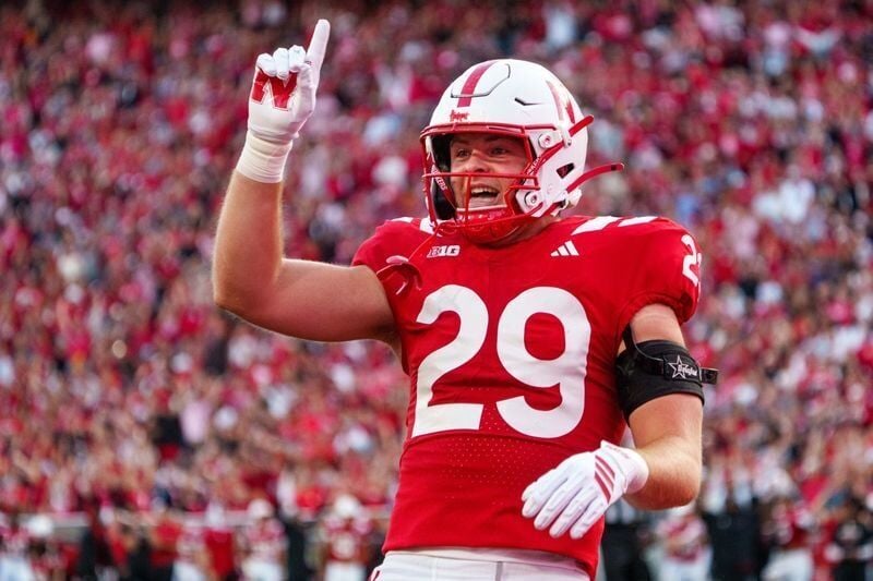 Sep 12, 2026; Lincoln, Nebraska, USA;  Nebraska Cornhuskers tight end Carter Nelson (29) celebrates after a touchdown against the Bowling Green Falcons during the second quarter at Memorial Stadium.  Mandatory Credit: Dylan Widger-Imagn Images
