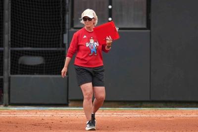 Nebraska head softball coach Rhonda Revelle during a NCAA super regionals softball game between the Tennessee Volunteers and Nebraska Cornhuskers at Sherri Parker Lee Stadium in Knoxville, Tenn., on May 25, 2025. Tennessee won 1-0 against Nebraska.