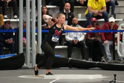 Mar 15, 2025; Virginia Beach, VA, USA; Axelina Johansson of Nebraska wins the women's shot put at 63-3 1/4 (19.28m) during the NCAA Indoor Championships at Virginia Beach Sports Center. Mandatory Credit: Kirby Lee-Imagn Images