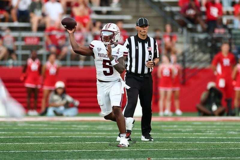 Sep 3, 2026; Piscataway, New Jersey, USA;  Massachusetts Minutemen quarterback William Watson III (5) 
makes a pass during the first quarter against the Rutgers Scarlet Knights at SHI Stadium.  Mandatory Credit: Vincent Carchietta-Imagn Images