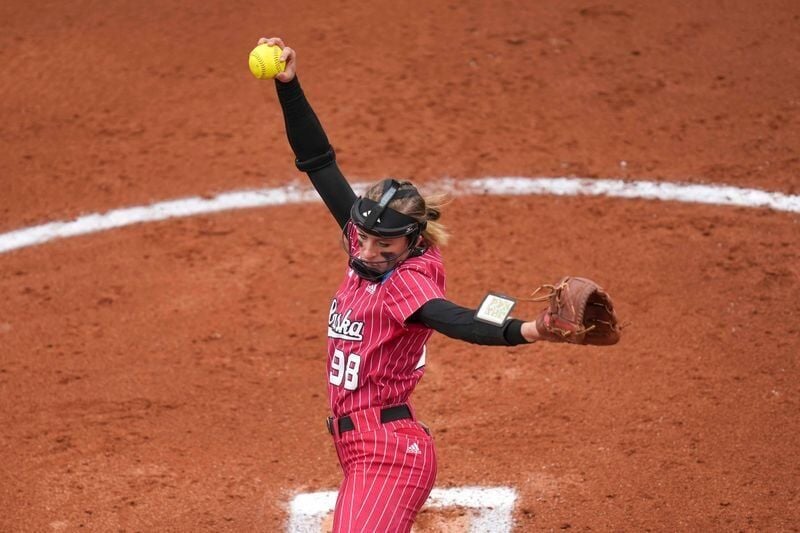 Nebraska's Jordyn Bahl (98) pitches during a NCAA super regionals softball game between the Tennessee Volunteers and Nebraska Cornhuskers at Sherri Parker Lee Stadium in Knoxville, Tenn., on May 25, 2025.