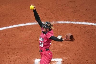 Nebraska's Jordyn Bahl (98) pitches during a NCAA super regionals softball game between the Tennessee Volunteers and Nebraska Cornhuskers at Sherri Parker Lee Stadium in Knoxville, Tenn., on May 25, 2025.