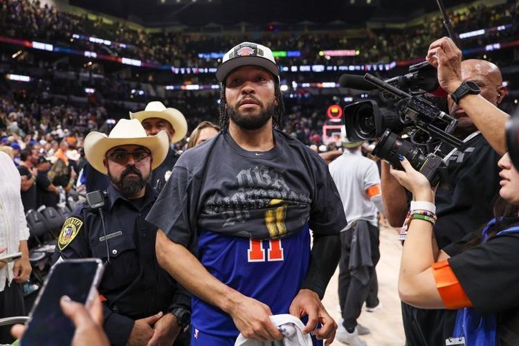Jun 13, 2026; San Antonio, Texas, USA; New York Knicks guard Jalen Brunson (11) walks off the court after the Knicks defeat the San Antonio Spurs during game five of the 2026 NBA Finals at Frost Bank Center. Mandatory Credit: Geoff Burke-Imagn Images