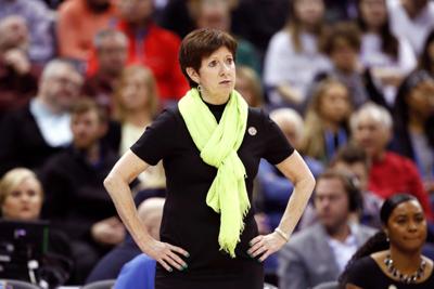 Head coach Muffet McGraw of the Notre Dame Fighting Irish reacts to her team against the Mississippi State Lady Bulldogs during the second quarter in the championship game of the 2018 NCAA Women's Final Four at Nationwide Arena on April 1, 2018 in Colum...