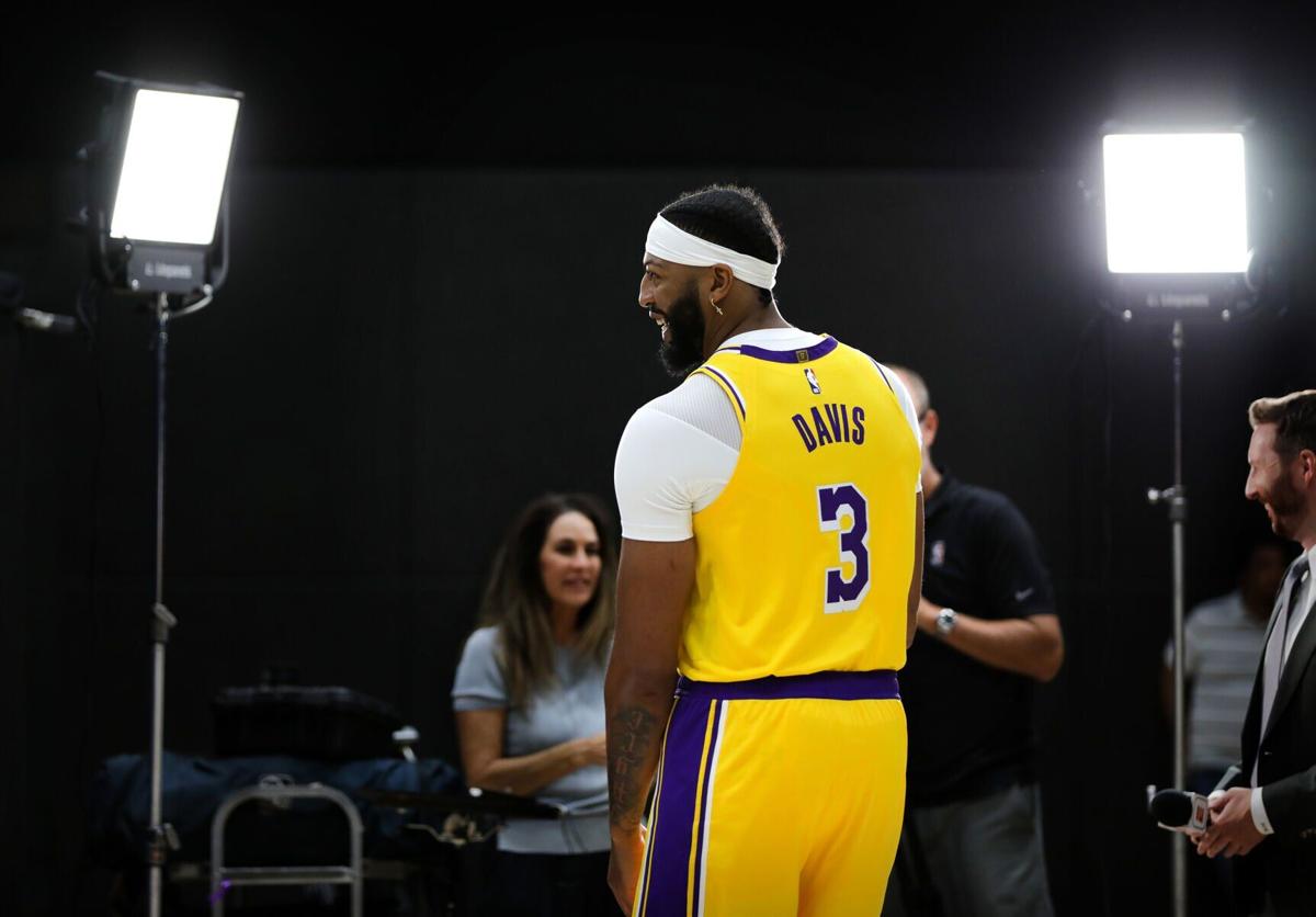 Anthony Davis is interviewed during Lakers Media Day at UCLA Health Training Center in El Segundo, California, on Monday, Sept. 26, 2022.